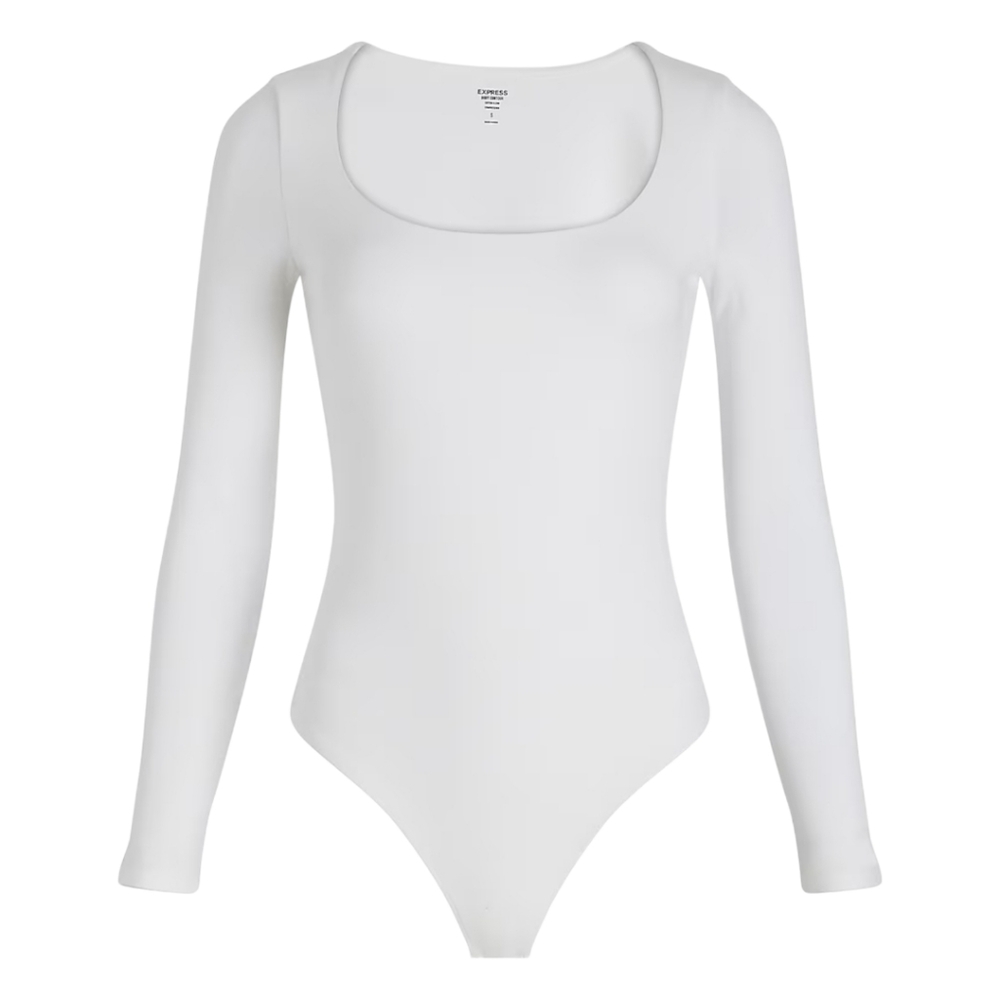 Express Body Contour Bodysuit Womens XL White Long Sleeve Scoop Neck Thong Cut - Picture 4 of 6